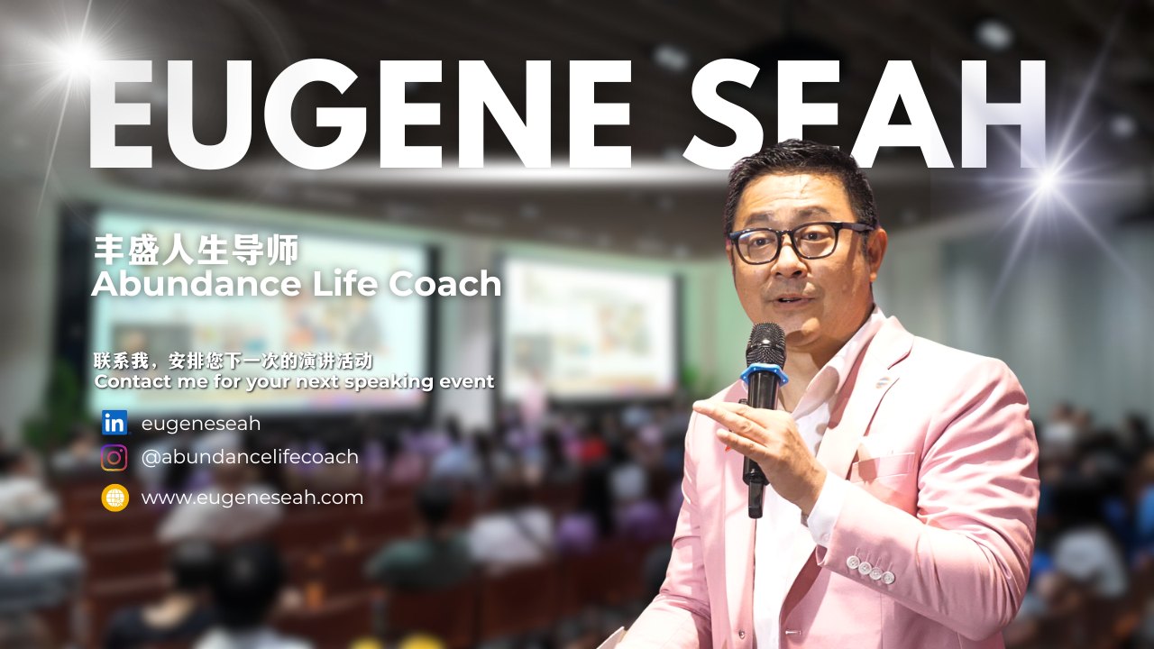 Eugene Seah speaking, titled Abundance Life Coach